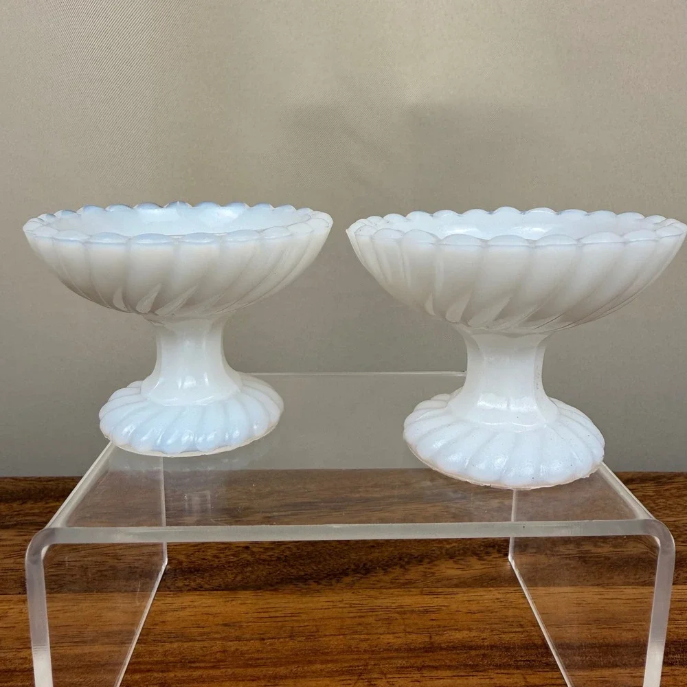 Vintage White Milk Glass Salt Cellars Swirl Pedestal Open Salts Set of 2